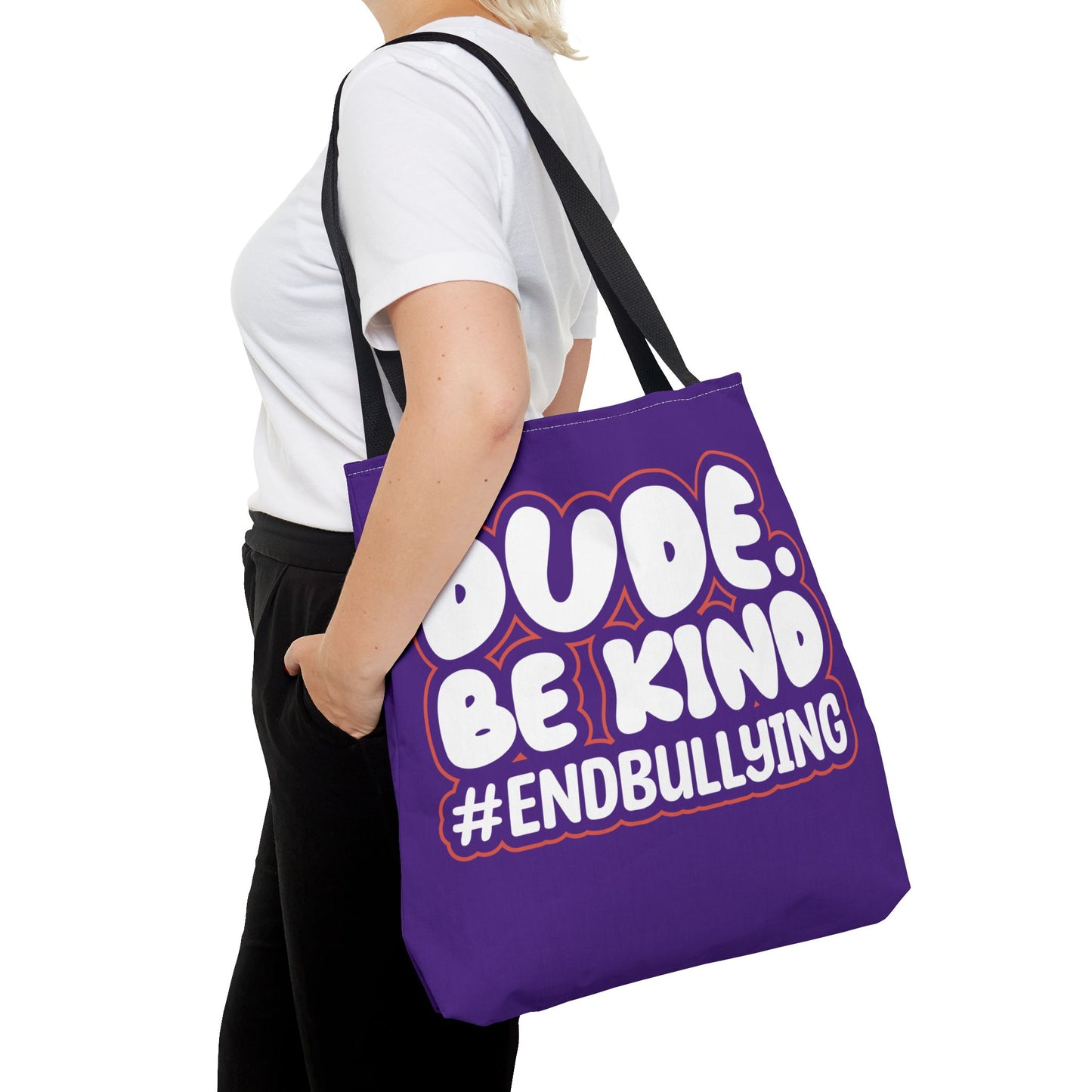 DUDE. BE KIND. #ENDBULLYING Tote Bag — All-Over Print, 3 Sizes, 5 Strap Colors