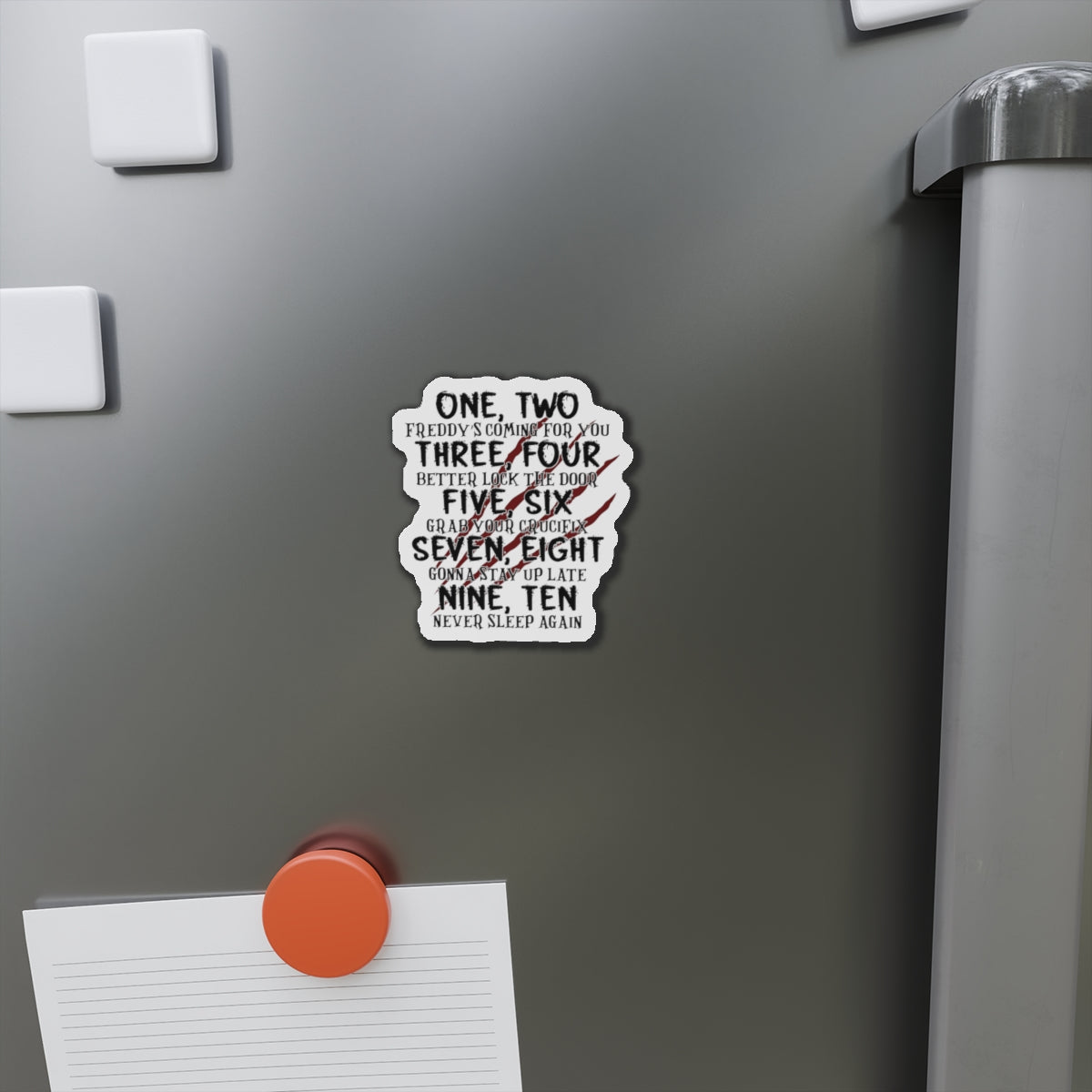 “One, Two… He’s Coming For You” Die-Cut Magnet — Horror Nursery Rhyme Parody