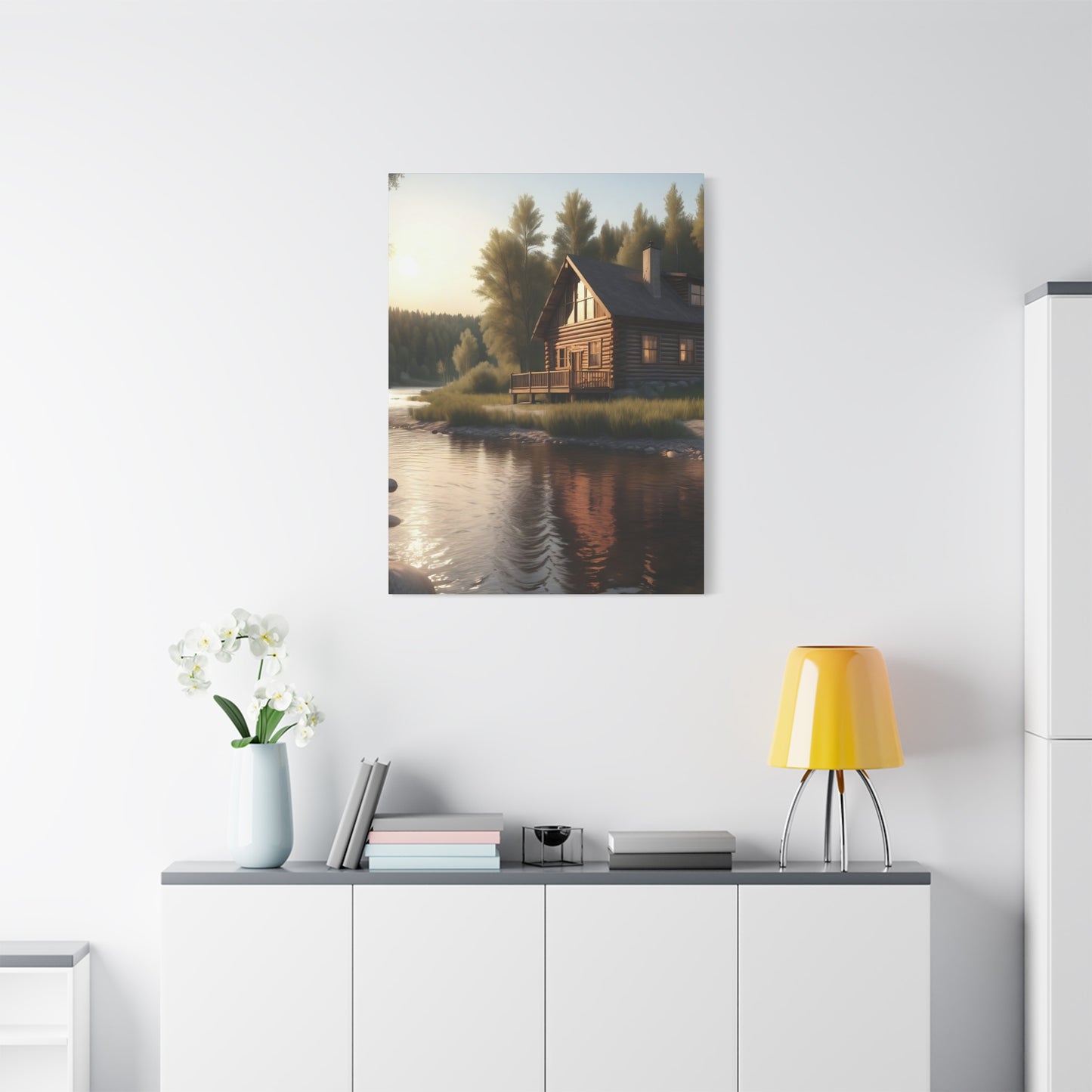 Rustic River Retreat: Log Cabin Canvas Wall Art