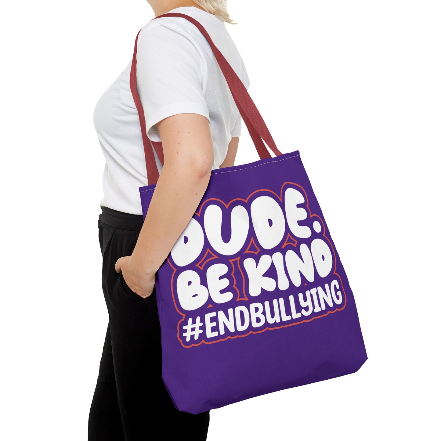 DUDE. BE KIND. #ENDBULLYING Tote Bag — All-Over Print, 3 Sizes, 5 Strap Colors