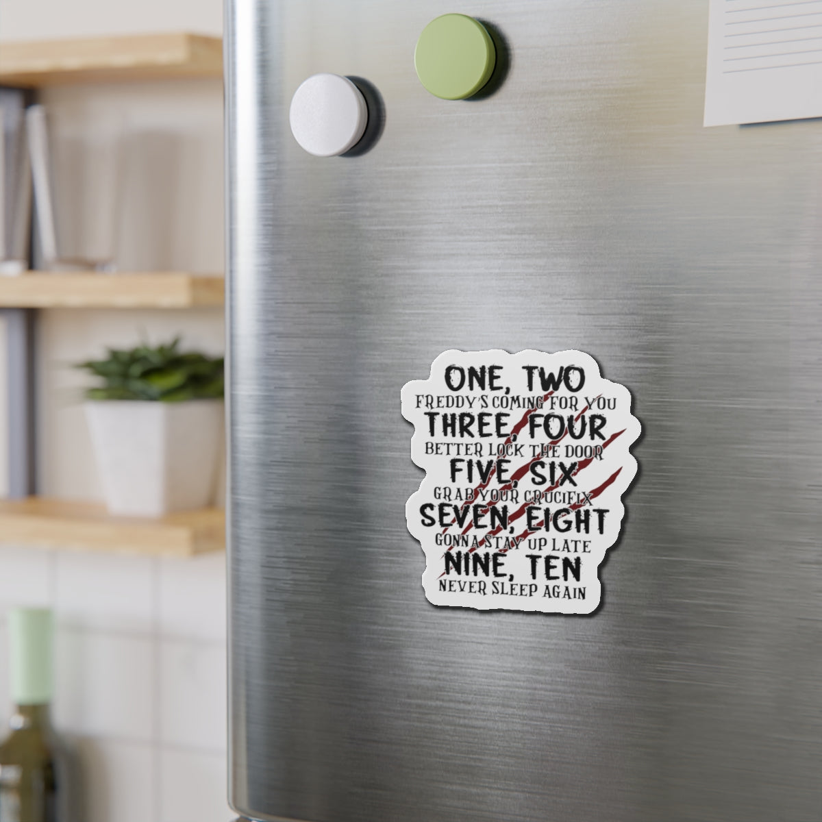 “One, Two… He’s Coming For You” Die-Cut Magnet — Horror Nursery Rhyme Parody