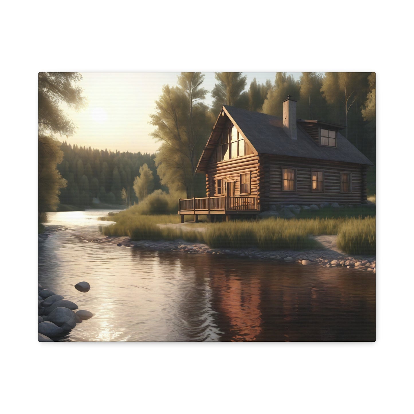 Rustic River Retreat: Log Cabin Canvas Wall Art