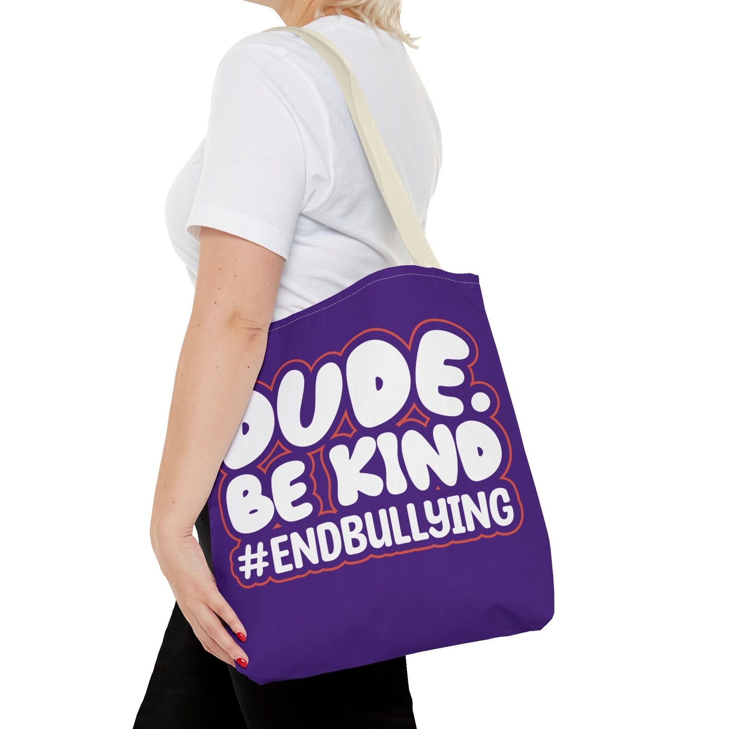 DUDE. BE KIND. #ENDBULLYING Tote Bag — All-Over Print, 3 Sizes, 5 Strap Colors