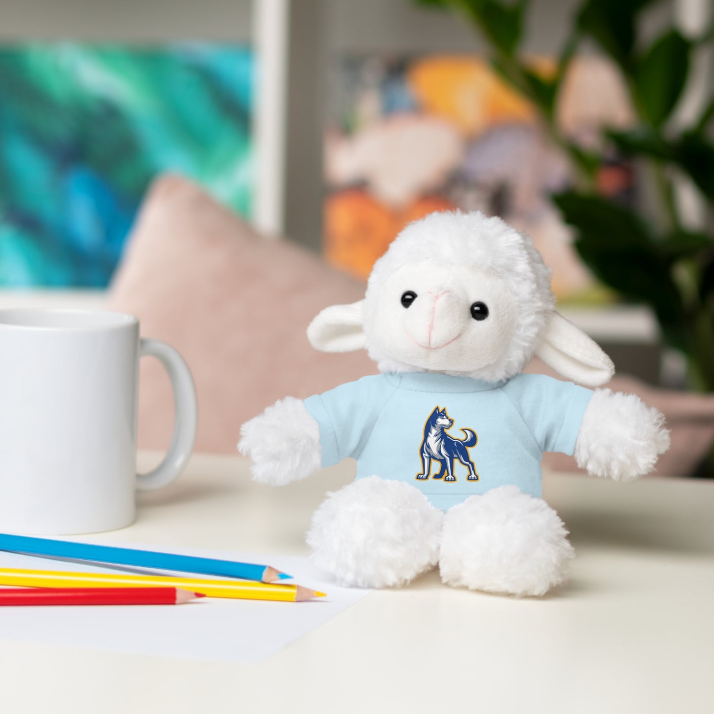 Huggable Huskies β 8" Plush Buddies w/ Logo Tee (Pick Your Animal + Tee Color)