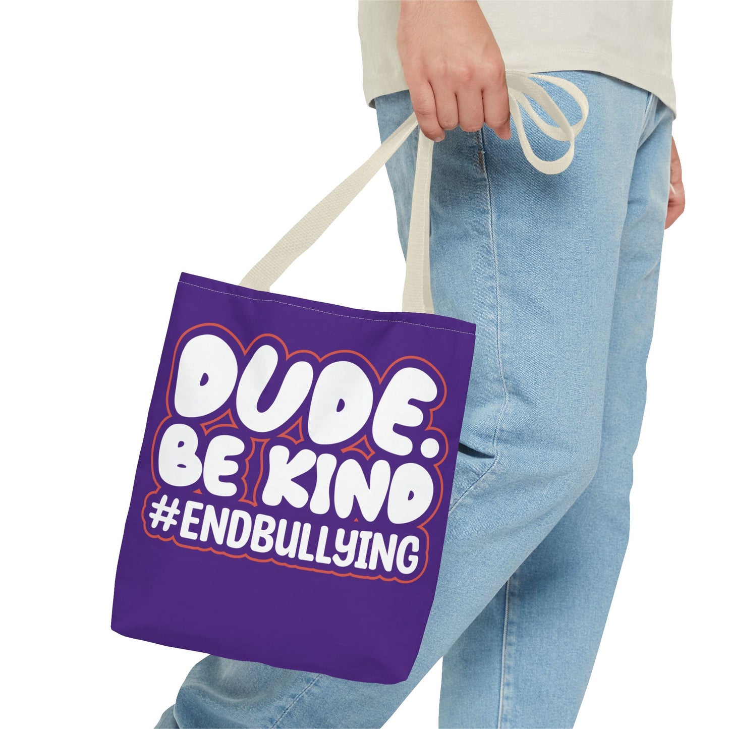 DUDE. BE KIND. #ENDBULLYING Tote Bag — All-Over Print, 3 Sizes, 5 Strap Colors