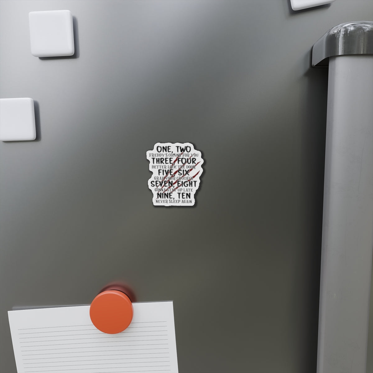 “One, Two… He’s Coming For You” Die-Cut Magnet — Horror Nursery Rhyme Parody