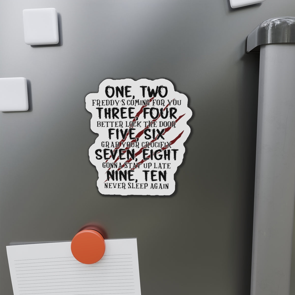 “One, Two… He’s Coming For You” Die-Cut Magnet — Horror Nursery Rhyme Parody