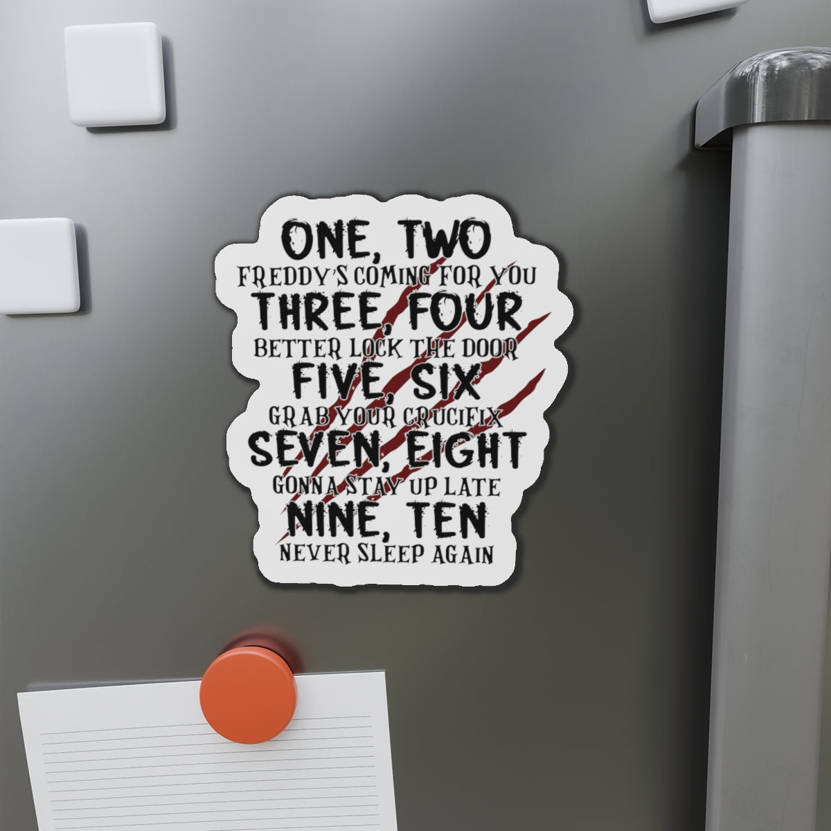 “One, Two… He’s Coming For You” Die-Cut Magnet — Horror Nursery Rhyme Parody