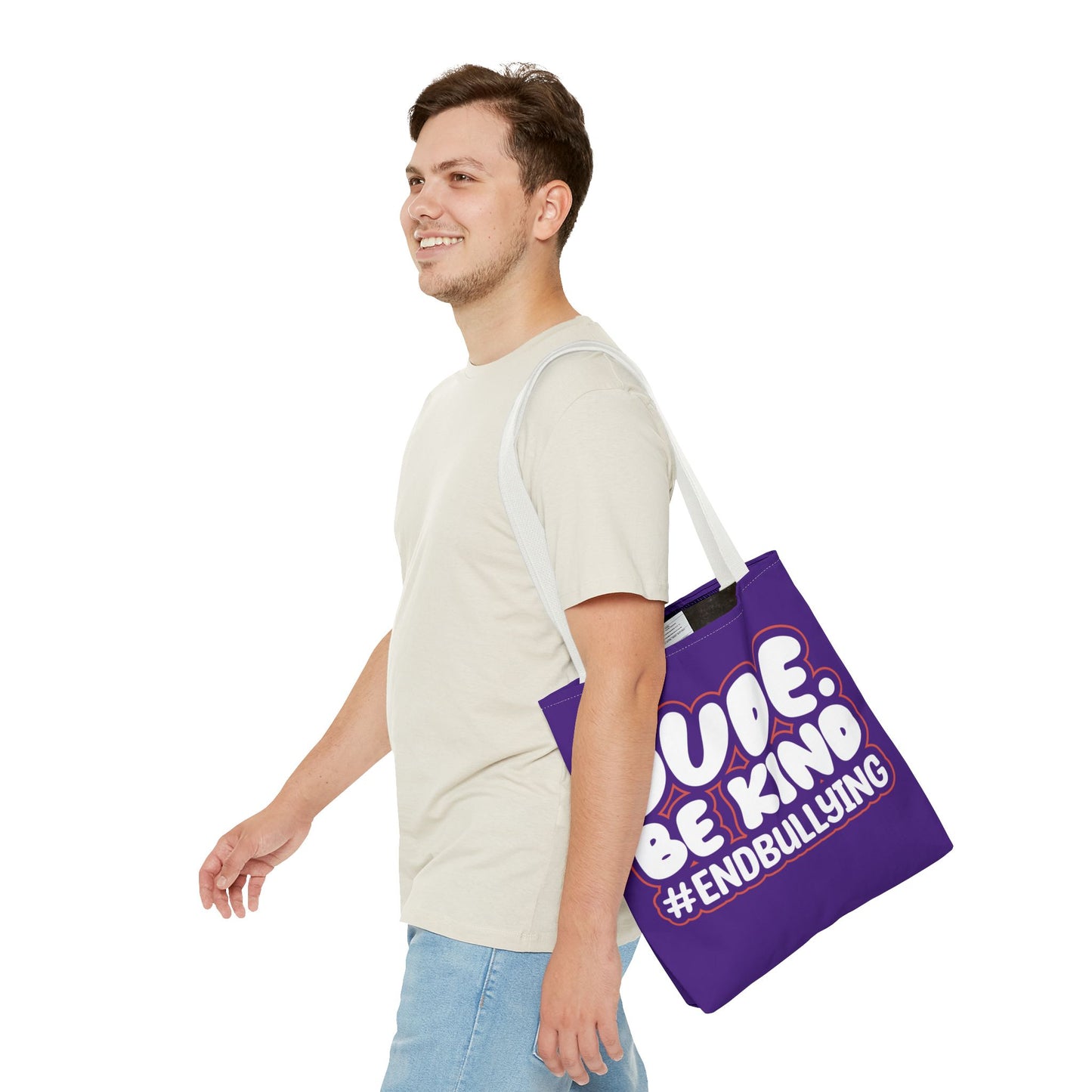 DUDE. BE KIND. #ENDBULLYING Tote Bag — All-Over Print, 3 Sizes, 5 Strap Colors
