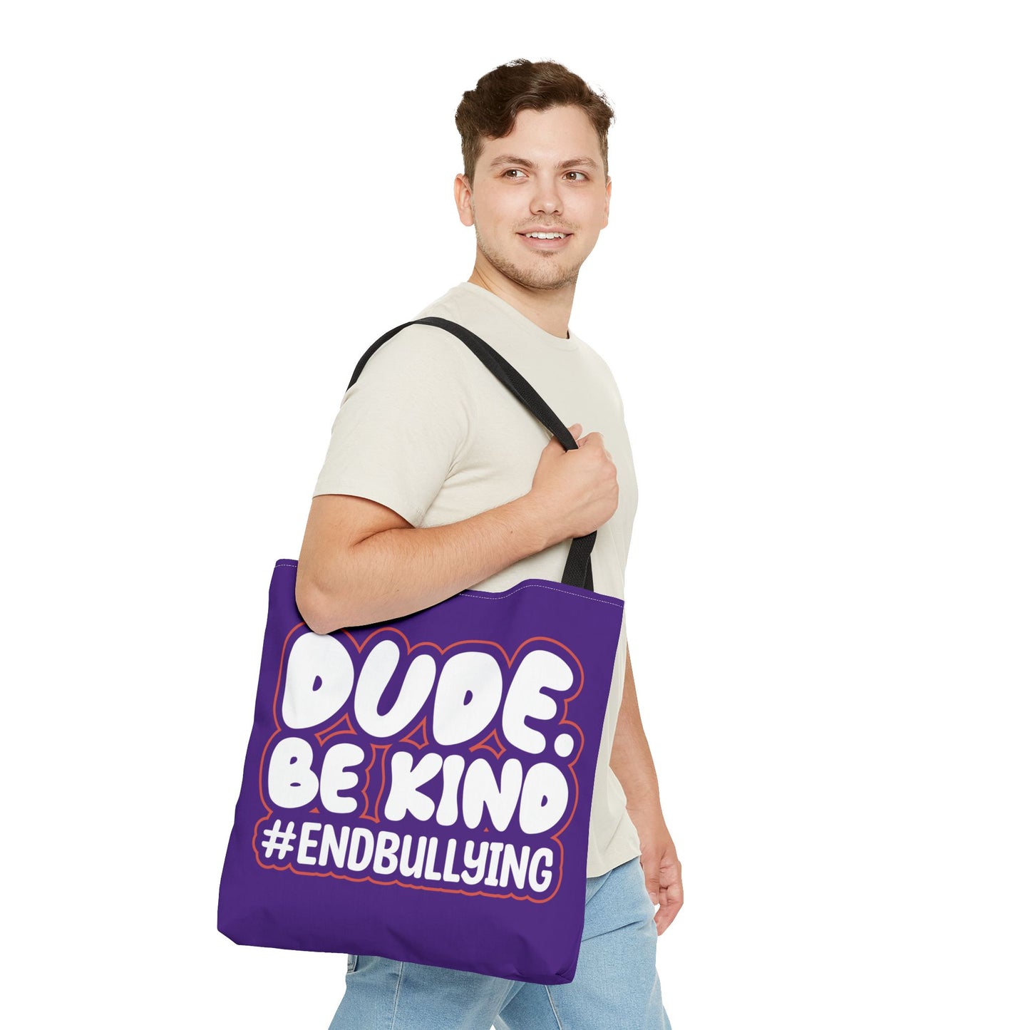 DUDE. BE KIND. #ENDBULLYING Tote Bag — All-Over Print, 3 Sizes, 5 Strap Colors