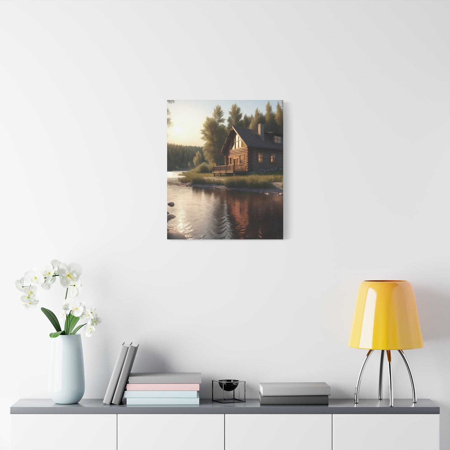 Rustic River Retreat: Log Cabin Canvas Wall Art