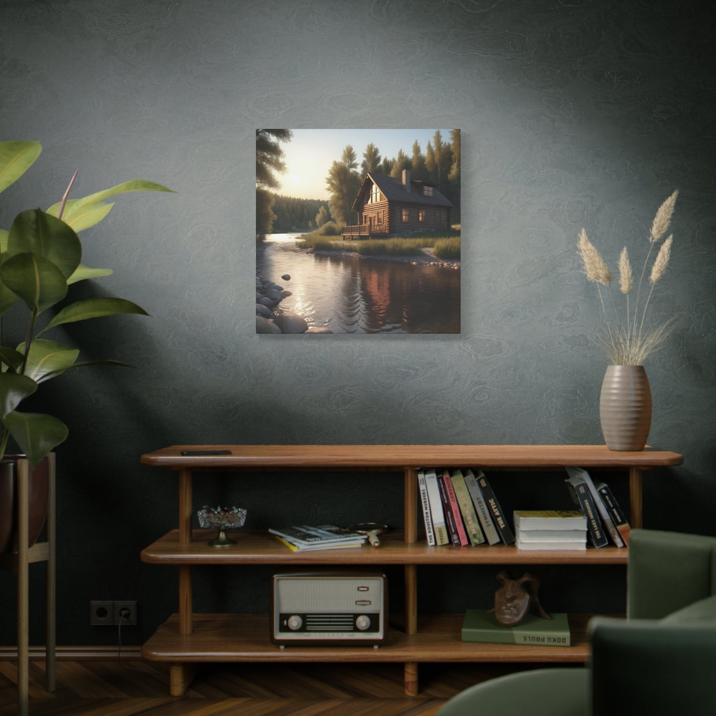 Rustic River Retreat: Log Cabin Canvas Wall Art