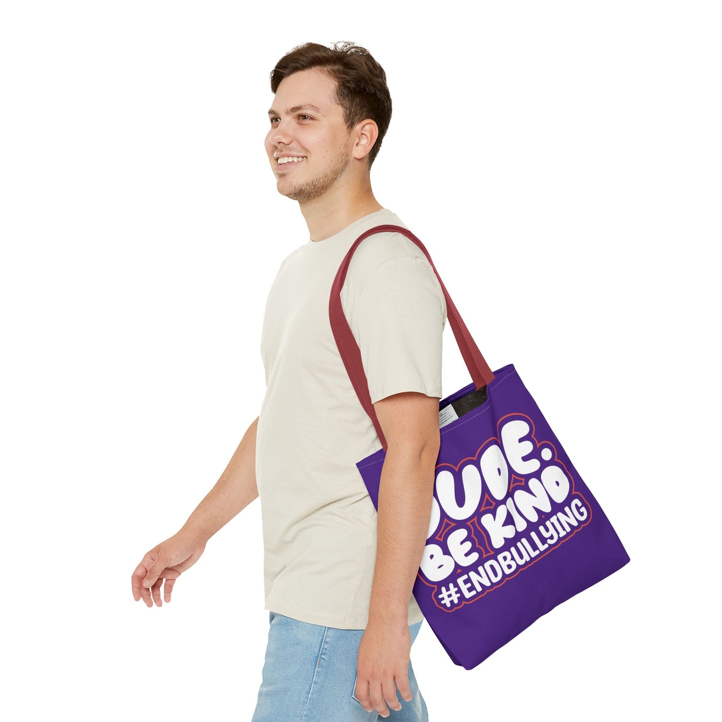 DUDE. BE KIND. #ENDBULLYING Tote Bag — All-Over Print, 3 Sizes, 5 Strap Colors