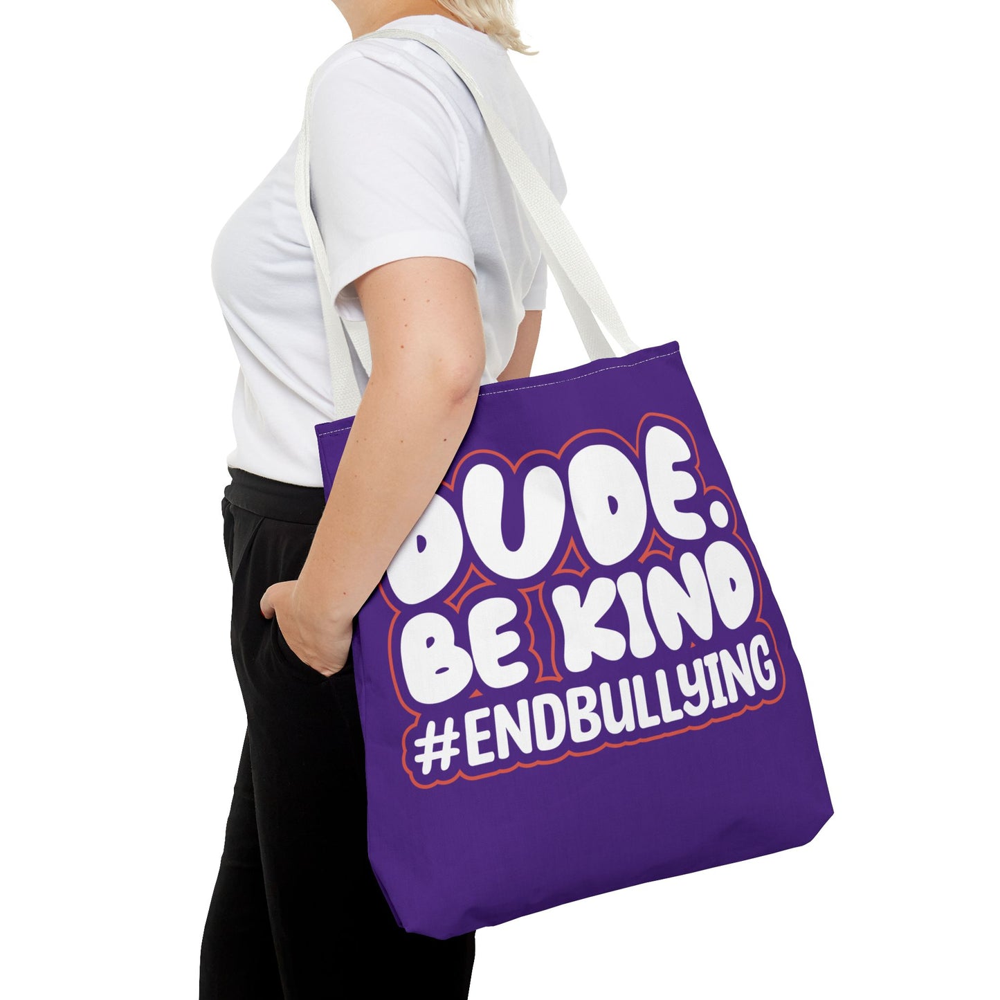 DUDE. BE KIND. #ENDBULLYING Tote Bag — All-Over Print, 3 Sizes, 5 Strap Colors