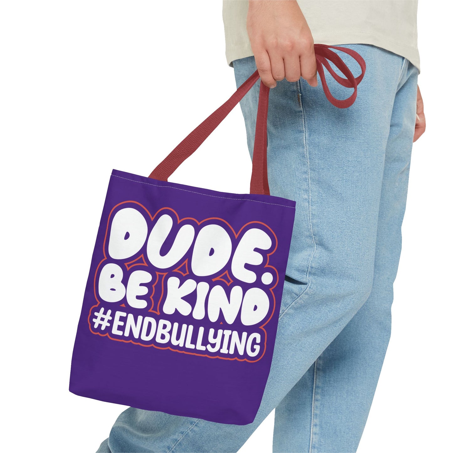 DUDE. BE KIND. #ENDBULLYING Tote Bag — All-Over Print, 3 Sizes, 5 Strap Colors