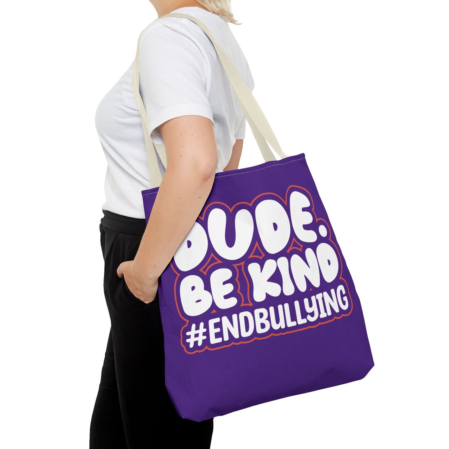 DUDE. BE KIND. #ENDBULLYING Tote Bag — All-Over Print, 3 Sizes, 5 Strap Colors