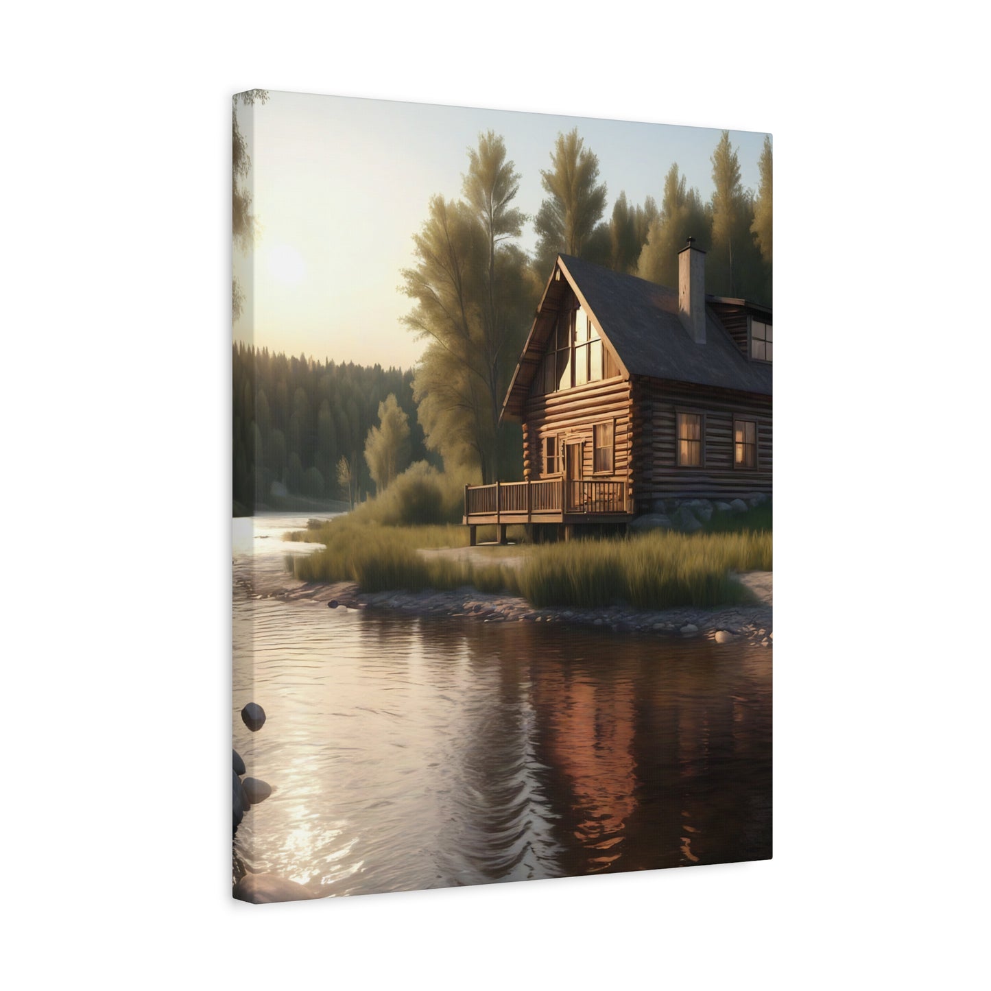 Rustic River Retreat: Log Cabin Canvas Wall Art