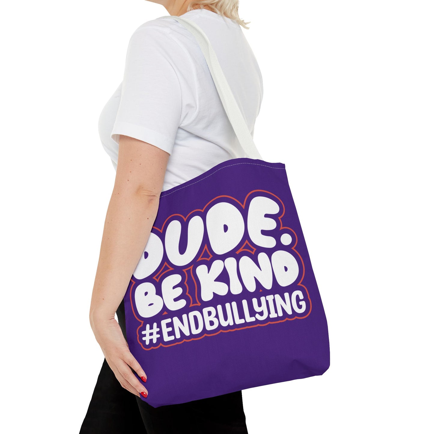 DUDE. BE KIND. #ENDBULLYING Tote Bag — All-Over Print, 3 Sizes, 5 Strap Colors