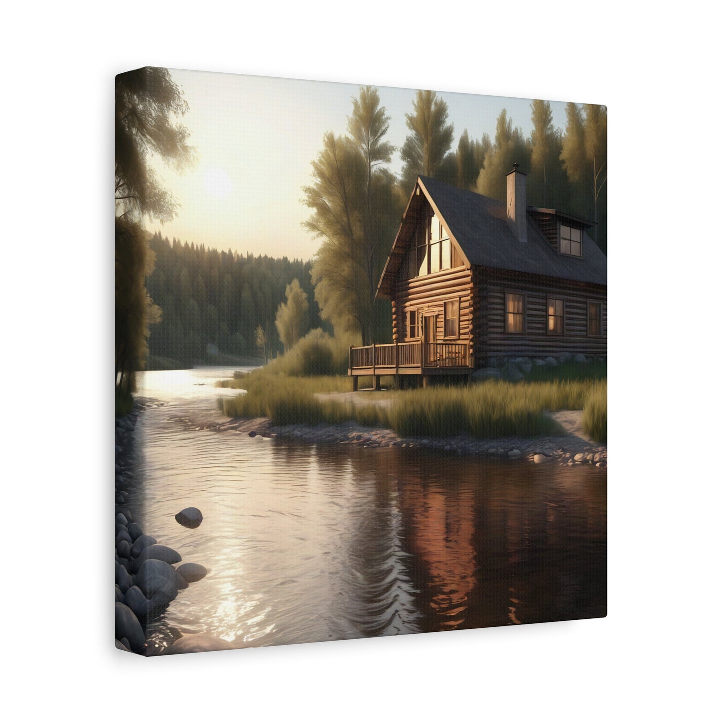 Rustic River Retreat: Log Cabin Canvas Wall Art