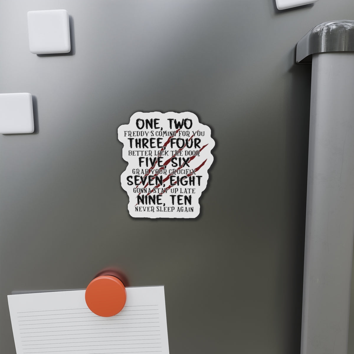 “One, Two… He’s Coming For You” Die-Cut Magnet — Horror Nursery Rhyme Parody