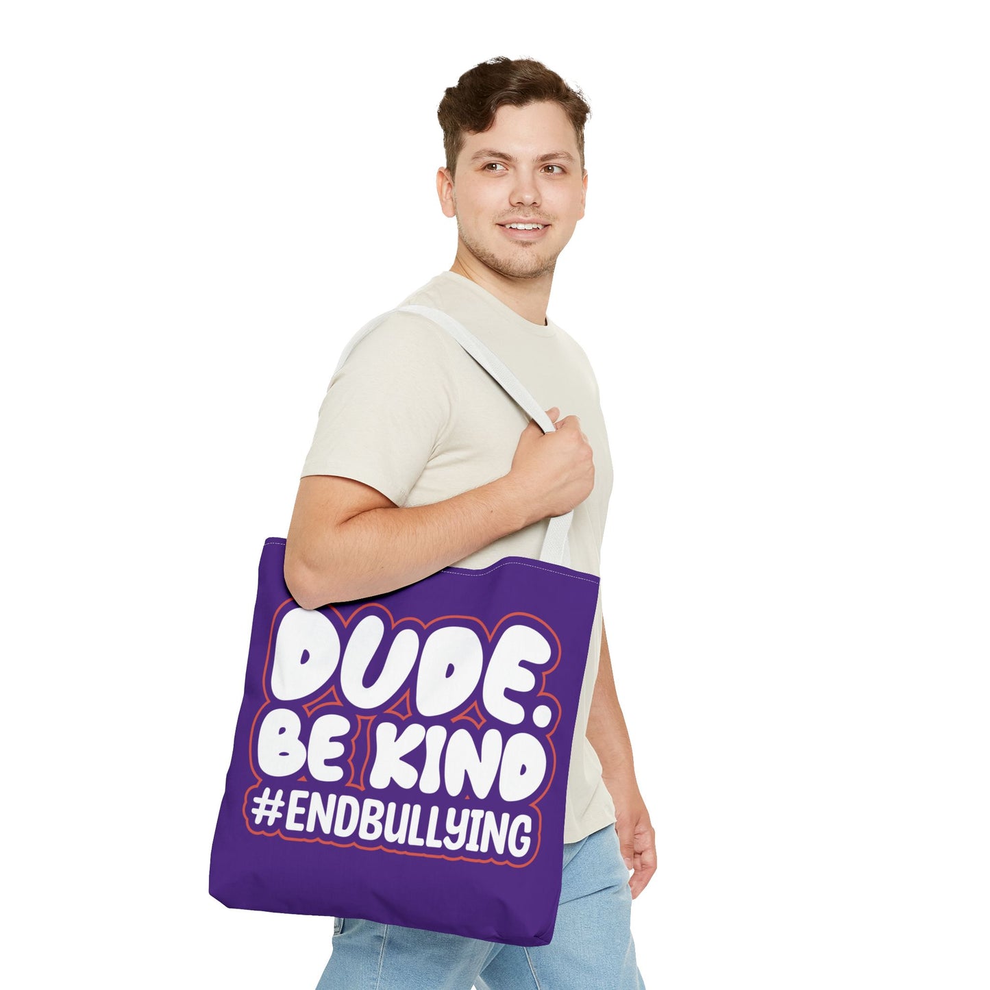 DUDE. BE KIND. #ENDBULLYING Tote Bag — All-Over Print, 3 Sizes, 5 Strap Colors