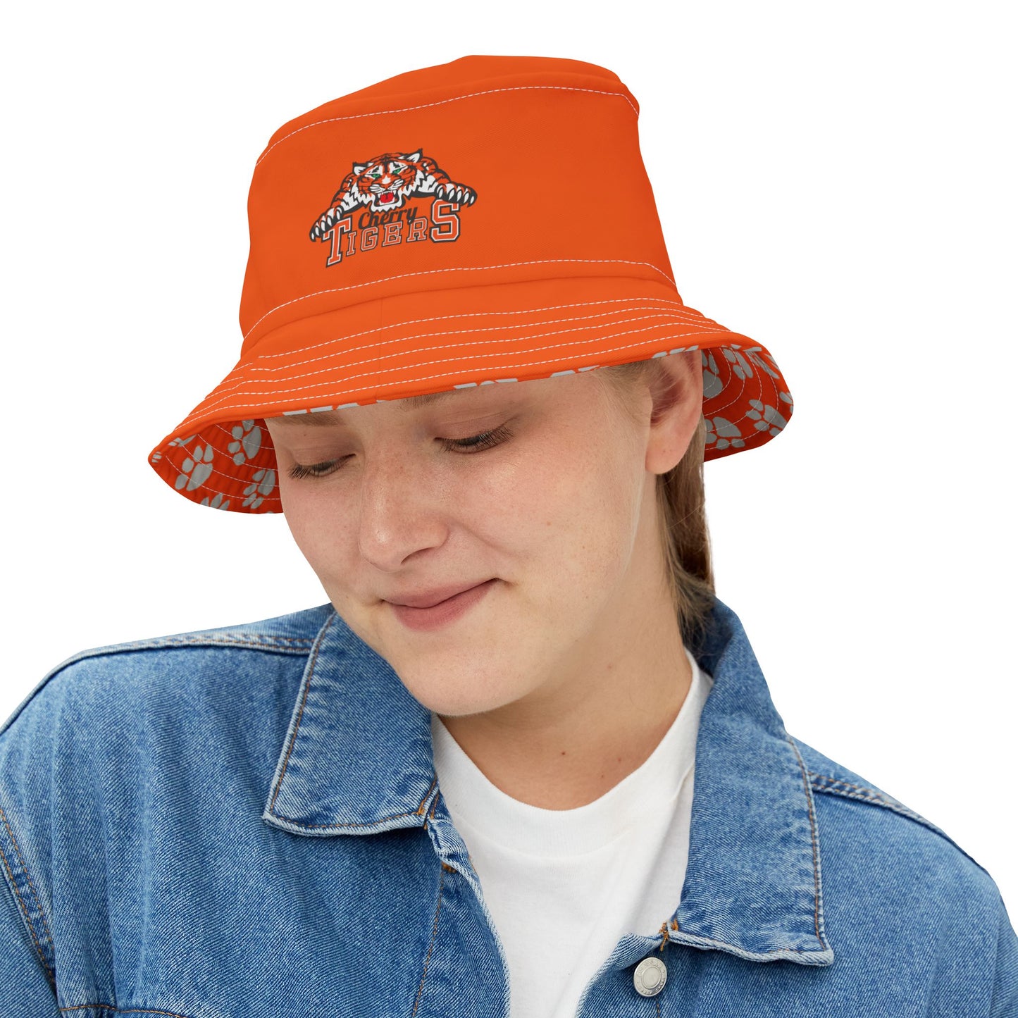 Bucket Hat - Cherry Tigers Orange Embroidered with White Tiger Paw Prints