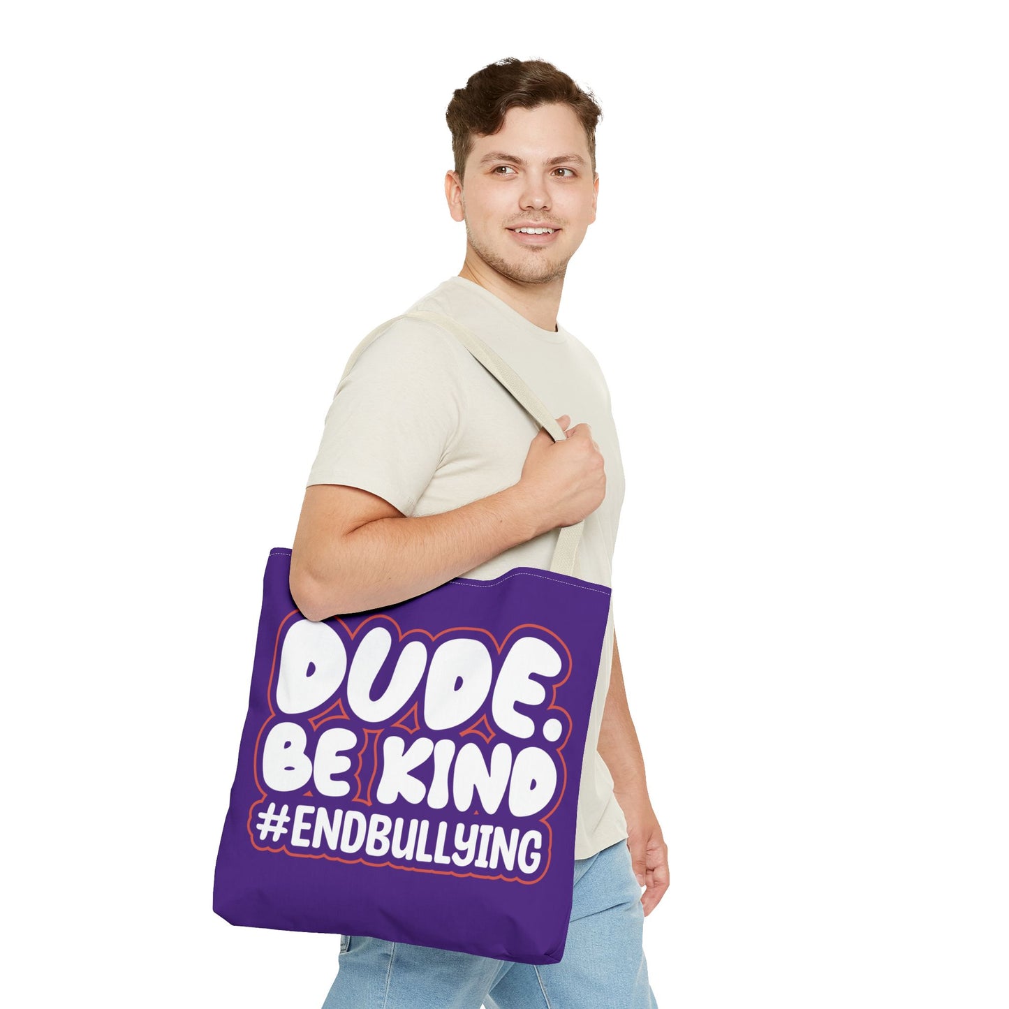DUDE. BE KIND. #ENDBULLYING Tote Bag — All-Over Print, 3 Sizes, 5 Strap Colors