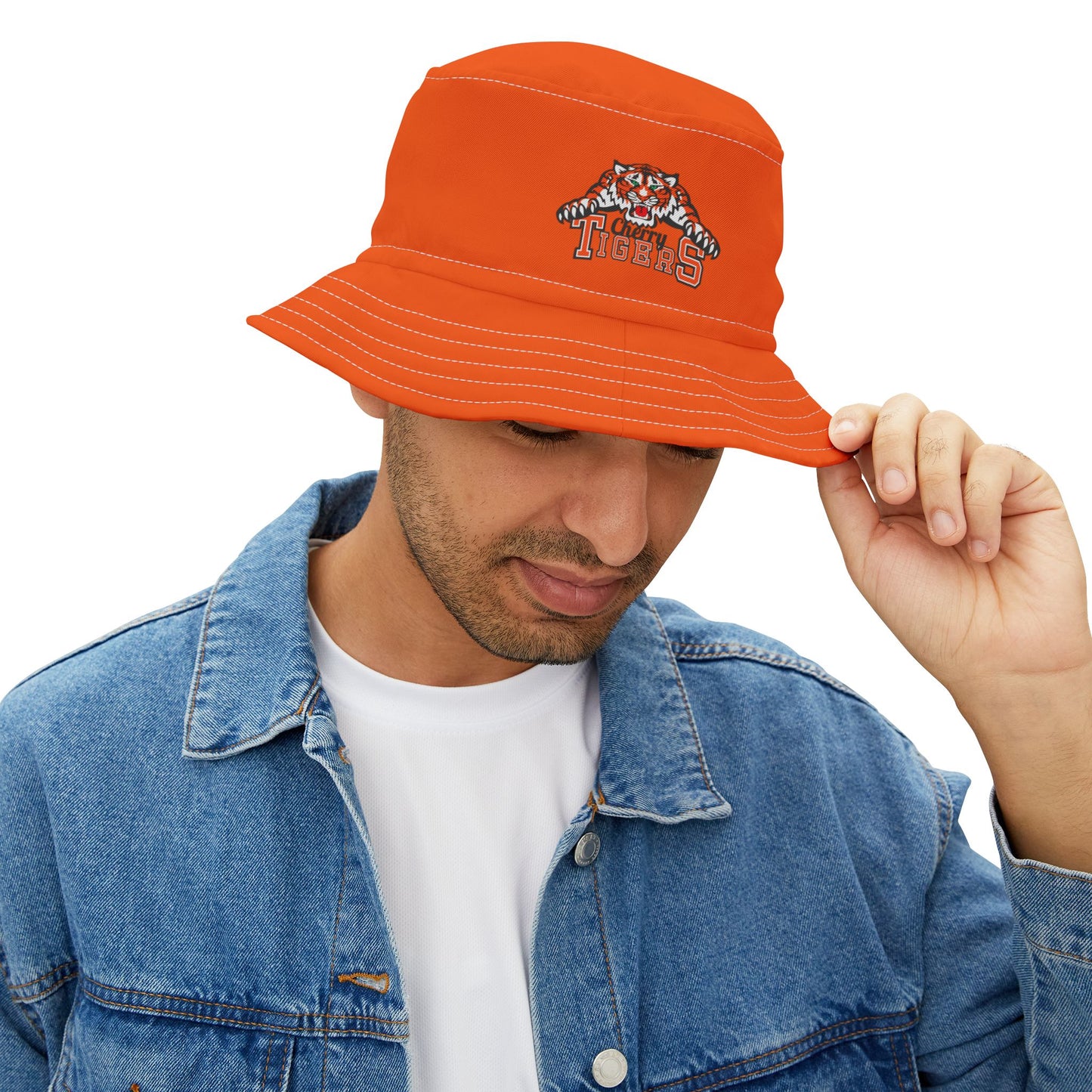 Bucket Hat - Cherry Tigers Orange Embroidered with White Tiger Paw Prints