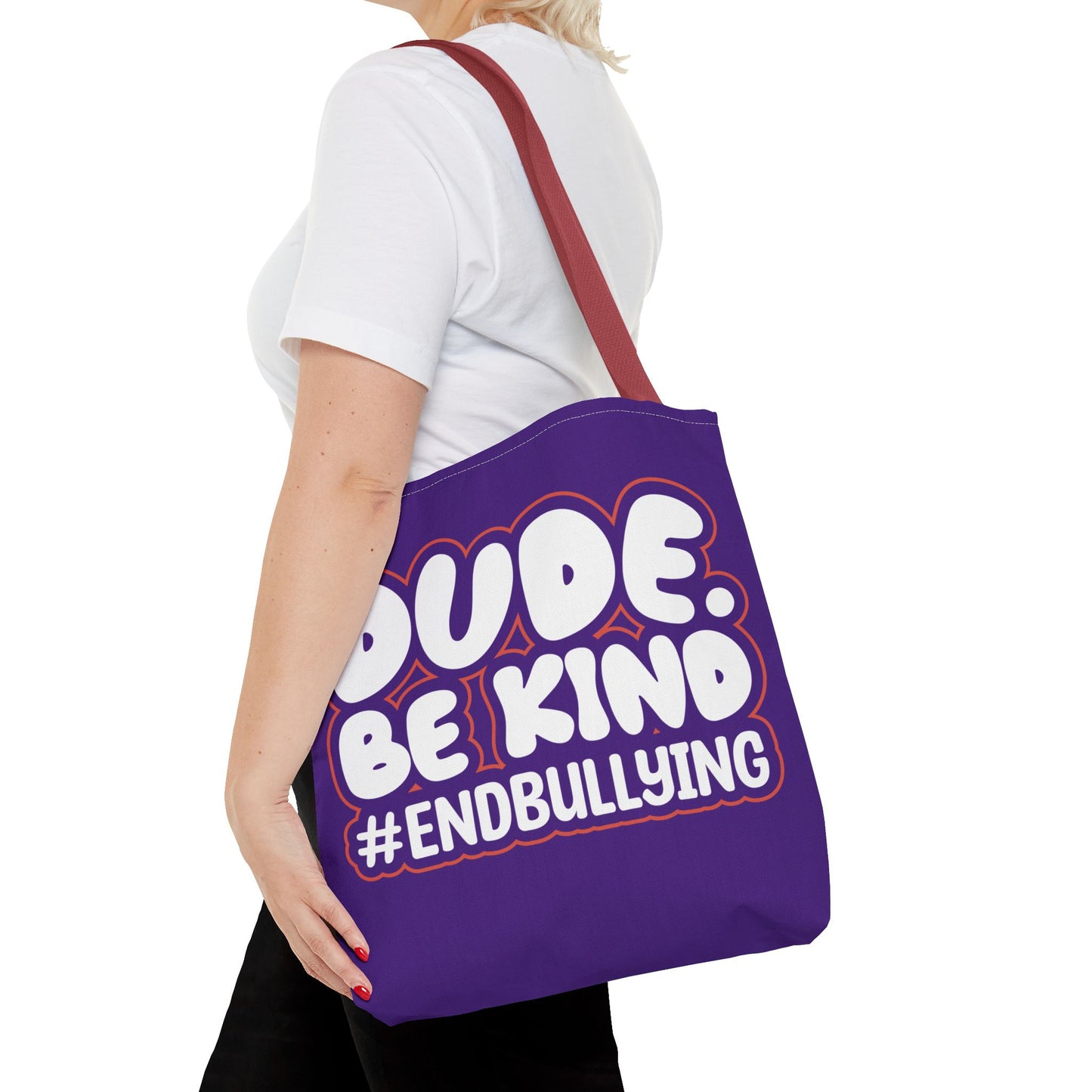 DUDE. BE KIND. #ENDBULLYING Tote Bag — All-Over Print, 3 Sizes, 5 Strap Colors