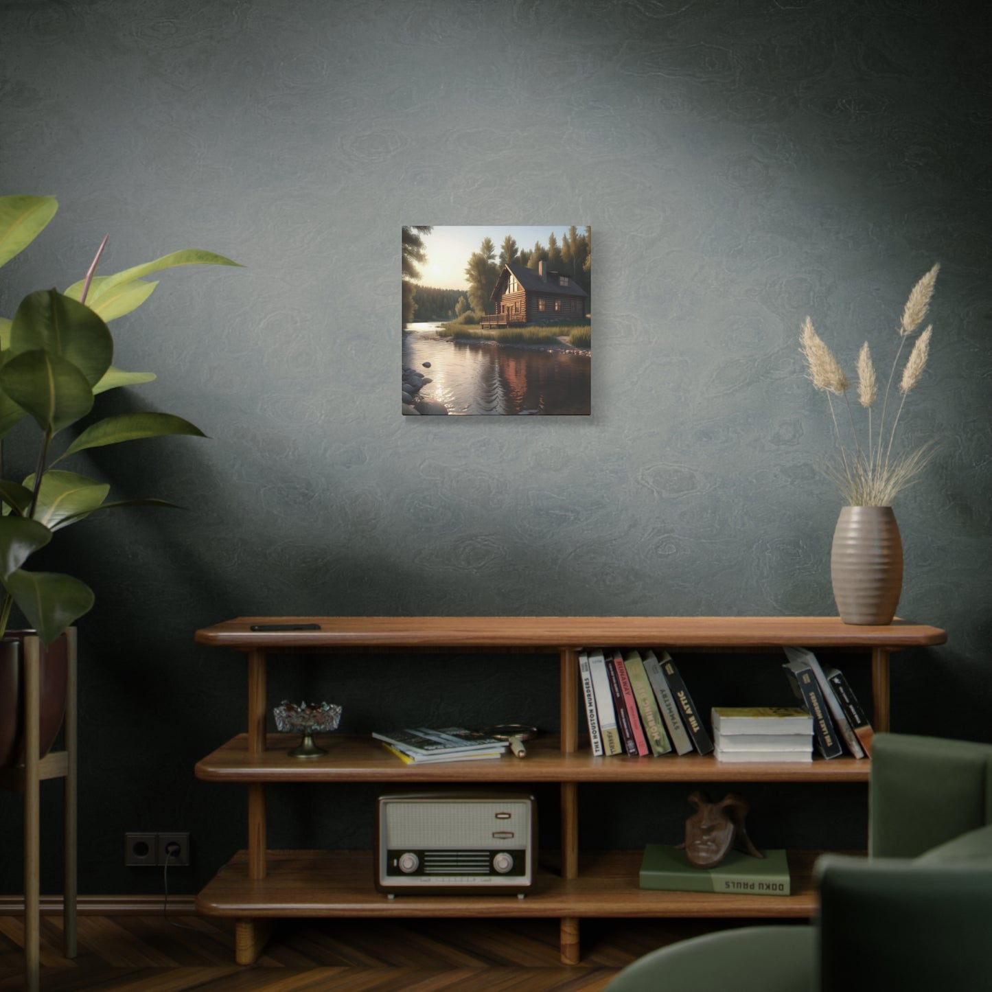 Rustic River Retreat: Log Cabin Canvas Wall Art