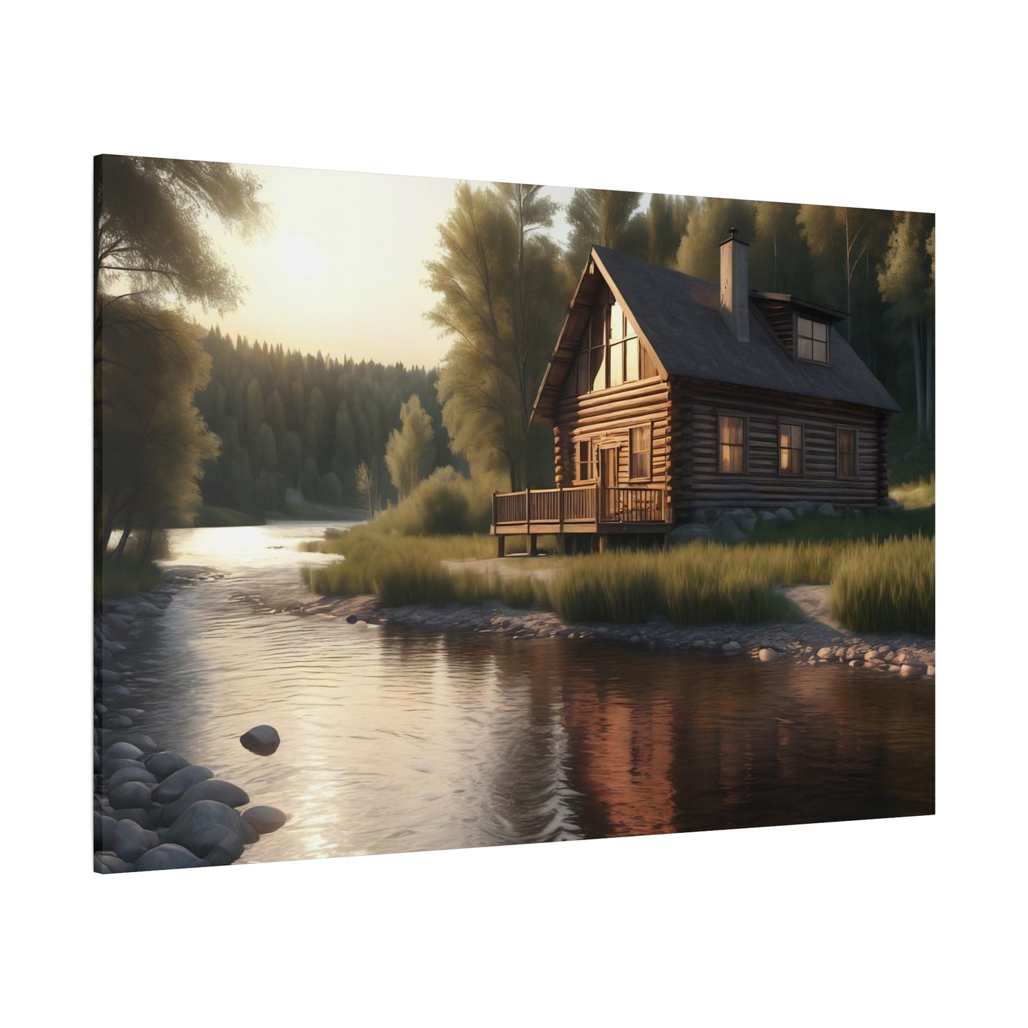 Rustic River Retreat: Log Cabin Canvas Wall Art