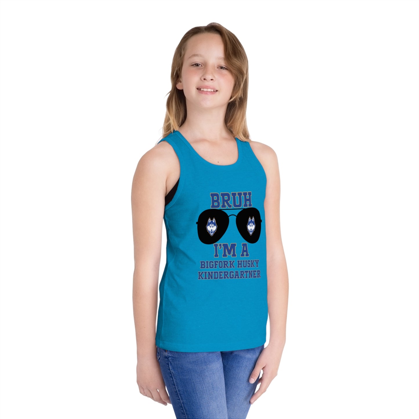 BRUH I’m a Bigfork Husky Kindergartner – Neon Blue Tank Top