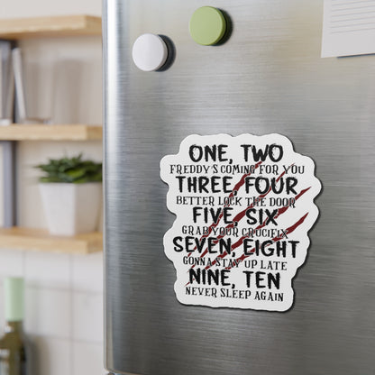 “One, Two… He’s Coming For You” Die-Cut Magnet — Horror Nursery Rhyme Parody