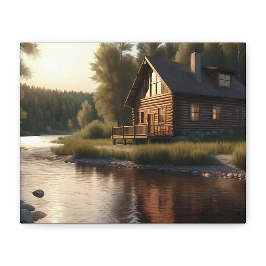 Rustic River Retreat: Log Cabin Canvas Wall Art