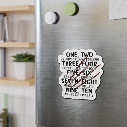 “One, Two… He’s Coming For You” Die-Cut Magnet — Horror Nursery Rhyme Parody