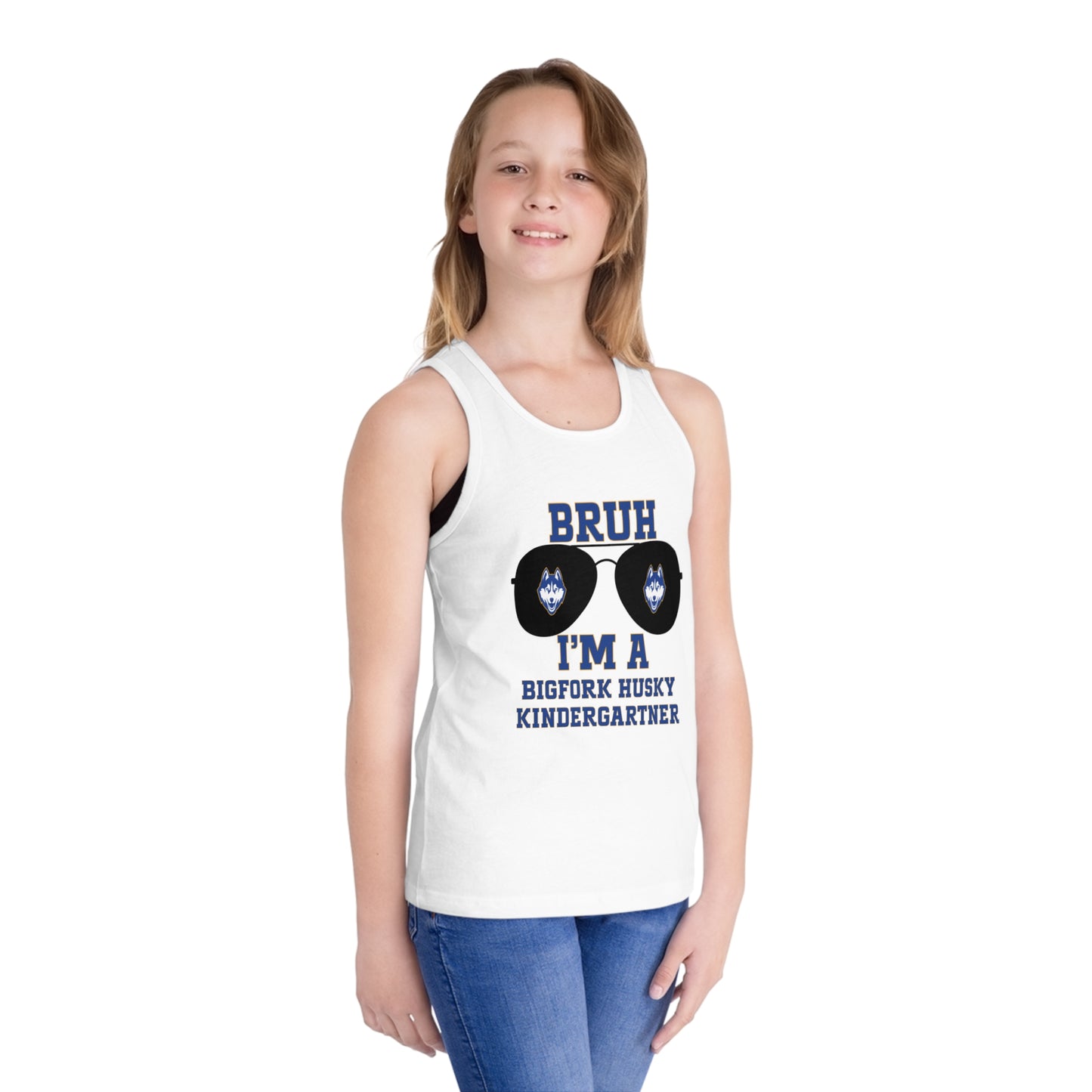 BRUH I’m a Bigfork Husky Kindergartner – Neon Blue Tank Top