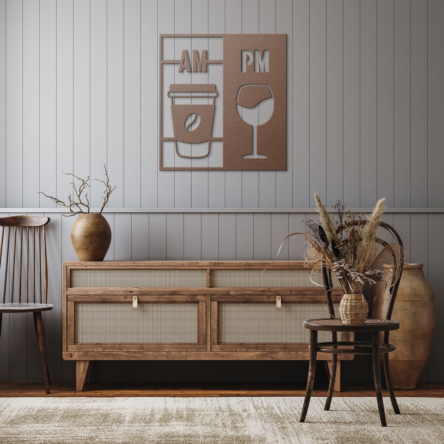 AM Coffee, PM Wine Metal Sign – Elegant Home Decor