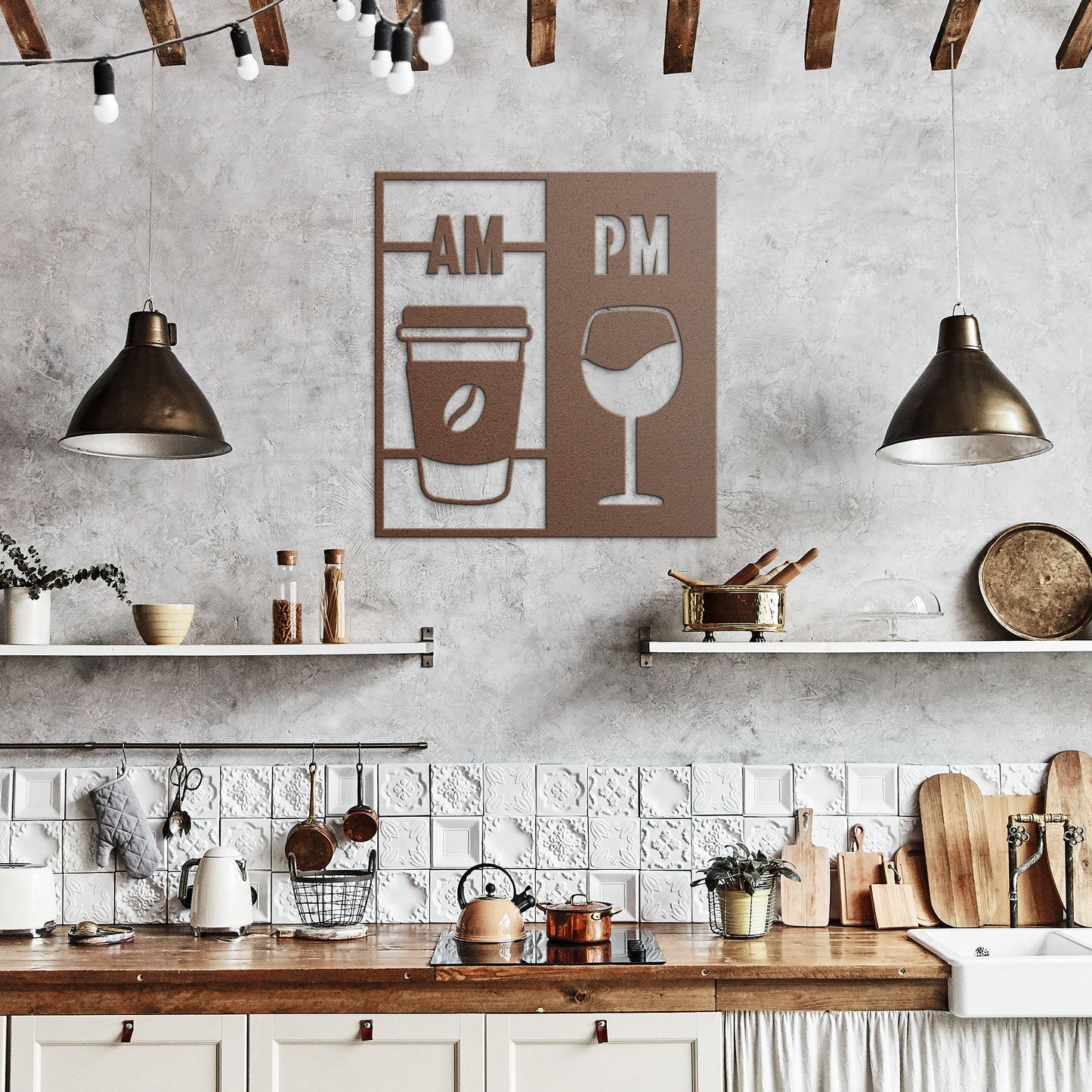 AM Coffee, PM Wine Metal Sign – Elegant Home Decor