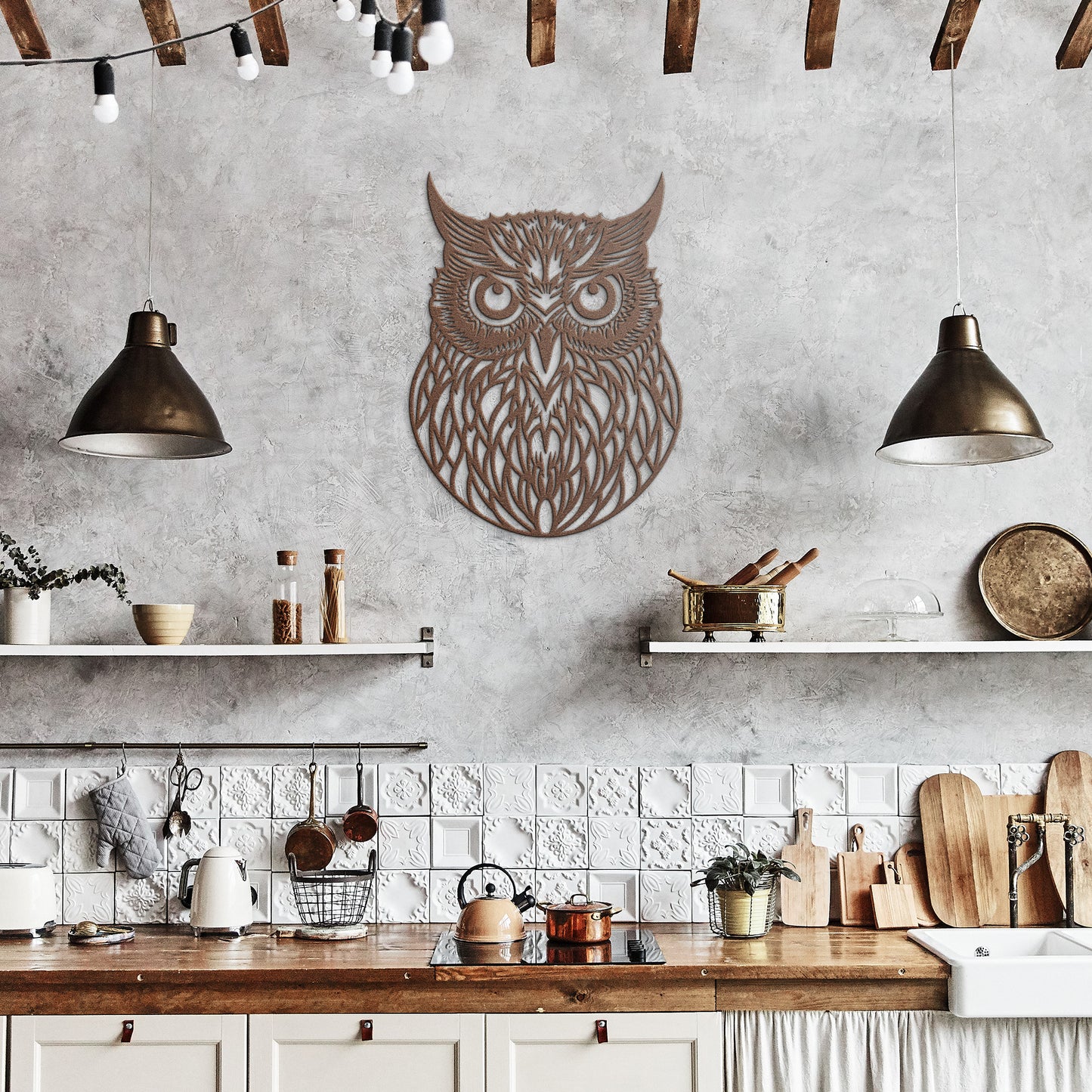 Geometric Owl Head Metal Wall Art