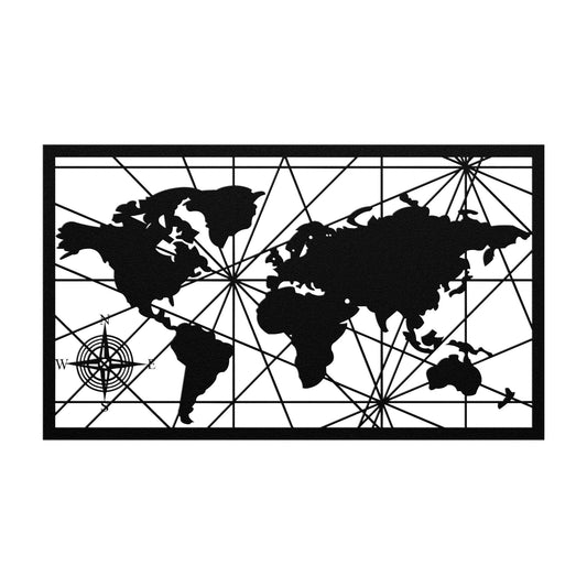 Metal World Map with Compass Rose