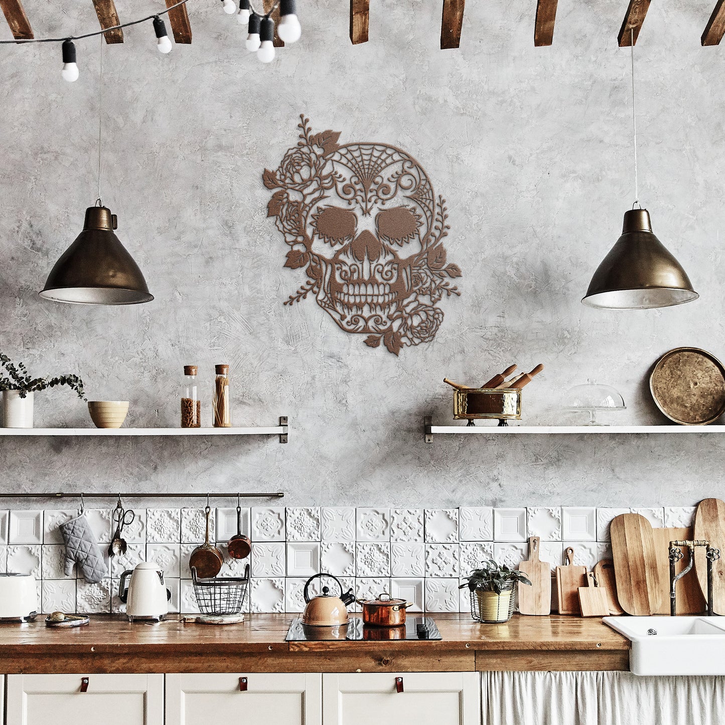 Sugar Skull with Roses Metal Wall Art