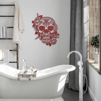 Sugar Skull with Roses Metal Wall Art