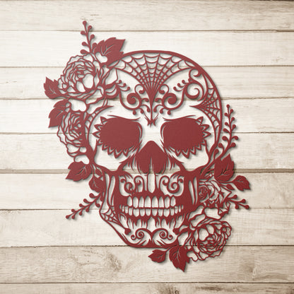 Sugar Skull with Roses Metal Wall Art